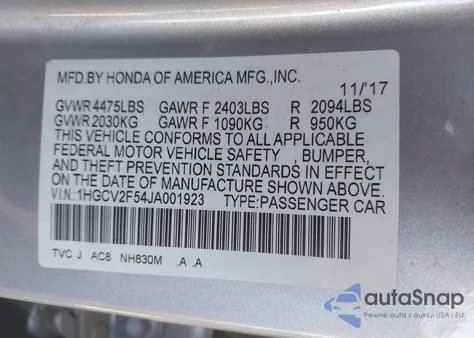 2018 Honda Accord Ex-L 2.0T from USA, damaged, VIN 1HGCV2F54JA001923